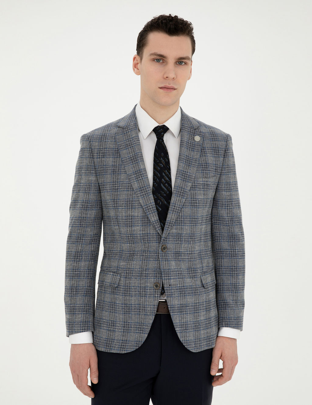 Gri Ex. Slim Fit Y_n Kar___ml_ Ekose Ceket