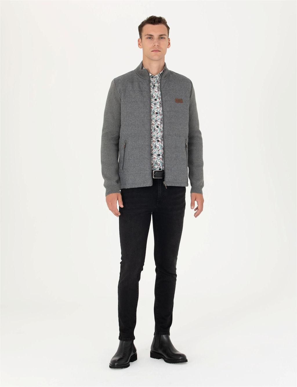 Gri Melanj Slim Fit Fermuarl_ Triko H_rka