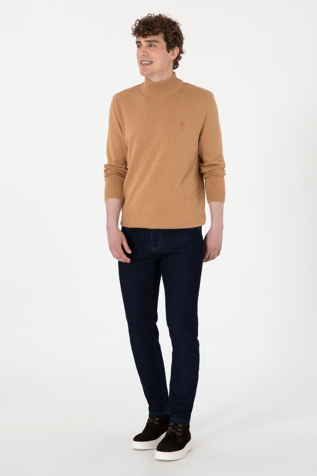 Erkek Slim Fit Yar_m Bal_k__ Yaka Camel Melanj Basic Kazak - U.s. polo assn фото 4
