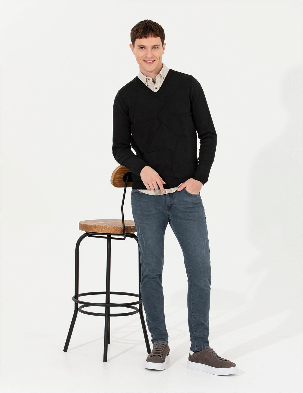 Siyah Slim Fit V Yaka Triko Kazak - Pierre cardin фото 2