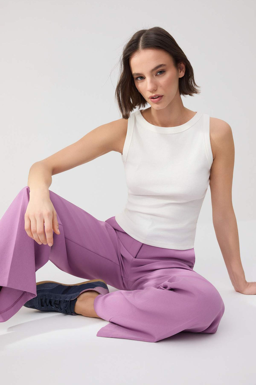 Wardrobe Essentials-Ekru Fitted/Vucuda Oturan Kolsuz Pamuk Ribana Orme Atlet TWOSS26AL00043