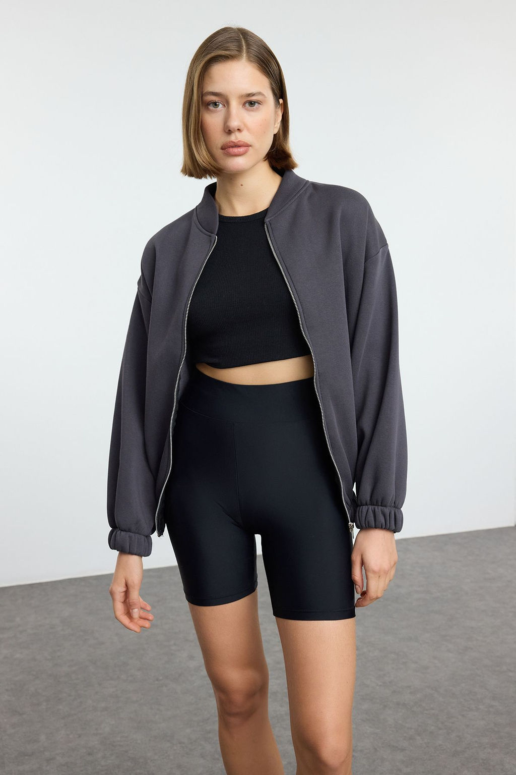 Antrasit Fermuarl? Oversize/Genis Kal?p Kal?n Ici Polarl? Orme Sweatshirt TWOAW25SW00122