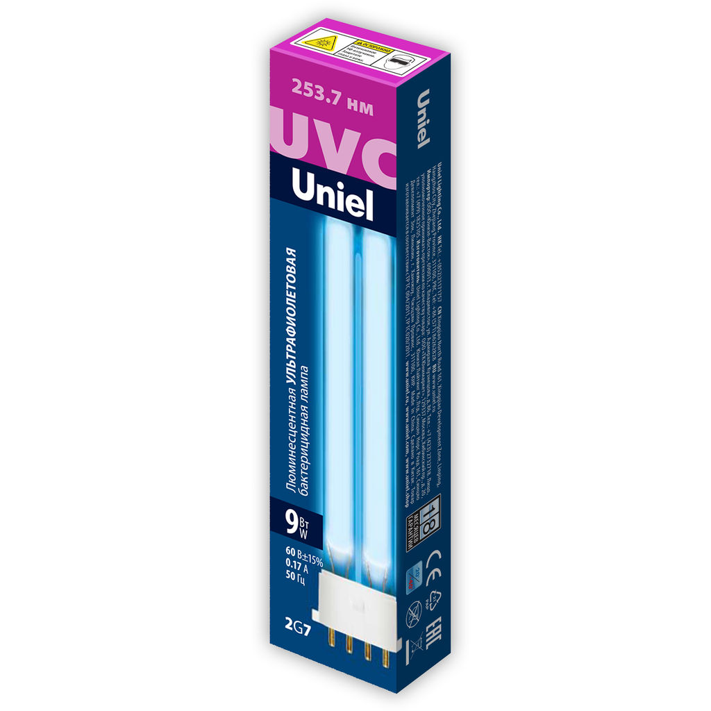 ESL-PL-9/UVCB/2G7/CL Лампа люминесцентная ультрафиолетовая бактерицидная. Спектр UVC 254нм. Картон. ТМ Uniel