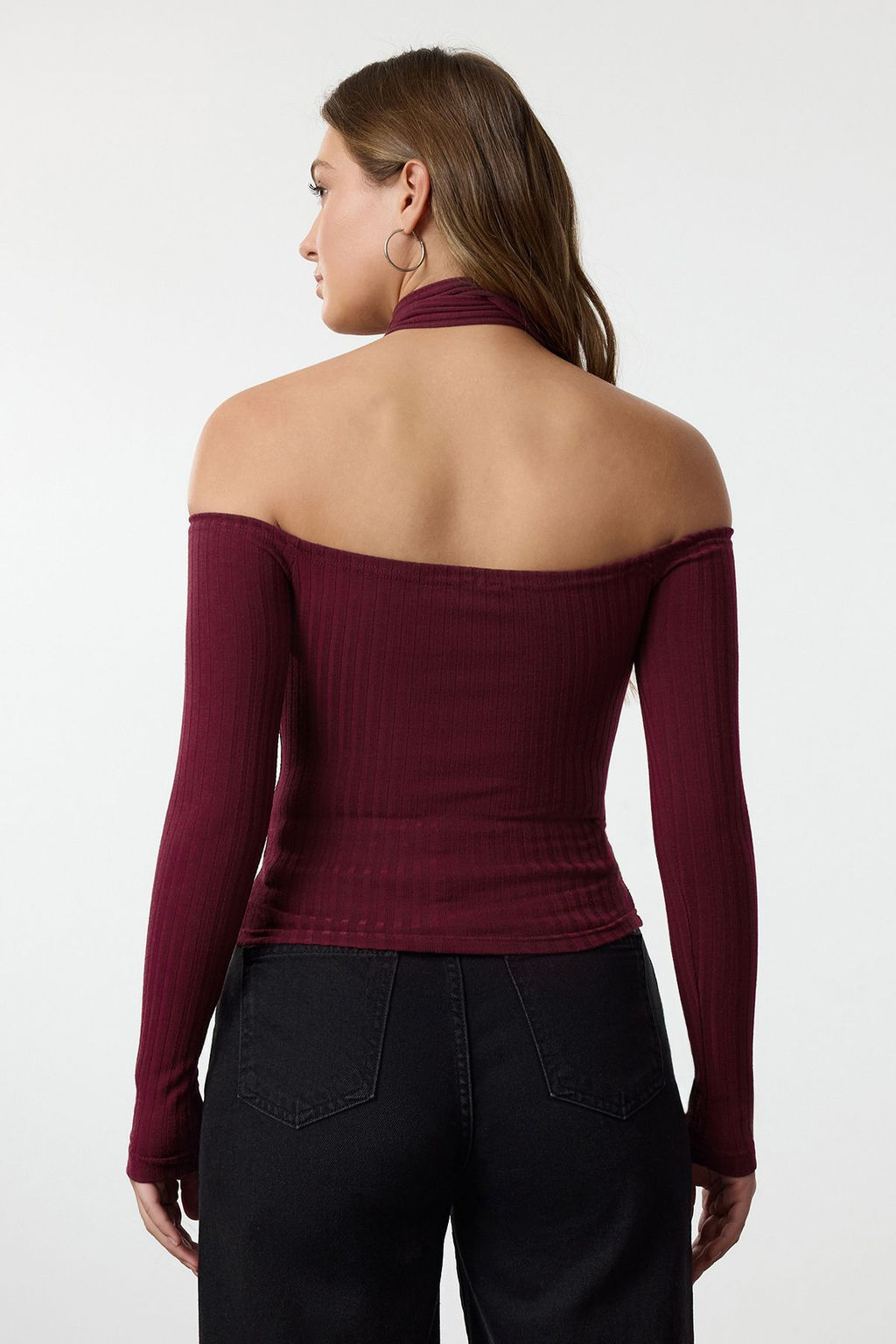 Bordo Fitilli Carmen Yaka Sal Detayl? Fitted/Vucuda Oturan Crop Esnek Orme Bluz TWOAW24BZ00354