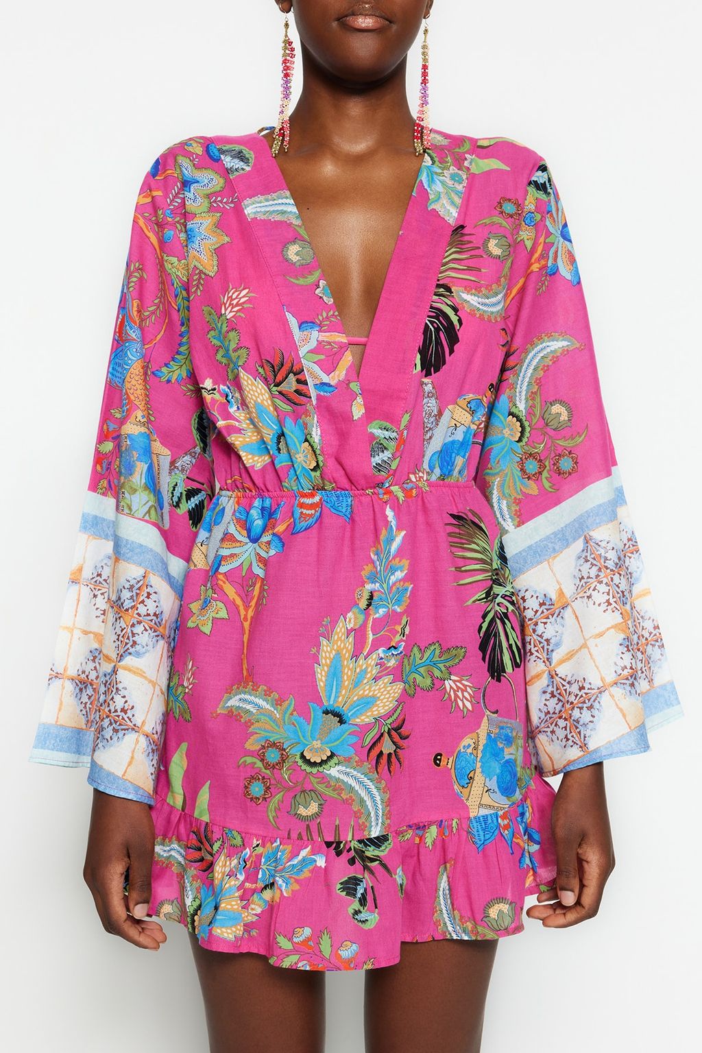 TRENDYOLMILLA Cicek Desenli Mini Dokuma Volanl? %100 Pamuklu Plaj Elbisesi TBESS23EL00030  фото 5