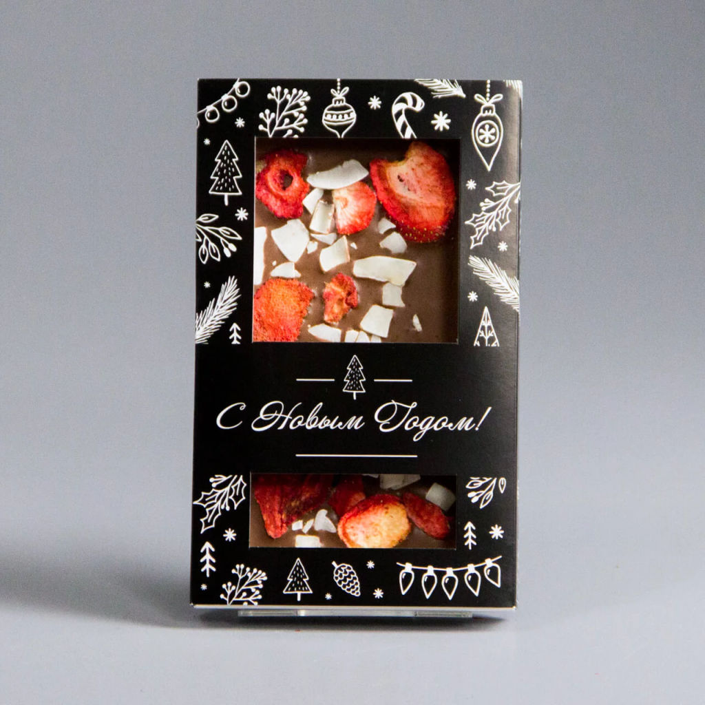 МОЛОЧНЫЙ ШОКОЛАД С КЛУБНИКОЙ И КУСОЧКАМИ КОКОСА, НОВОГОДНЯЯ КОРОБОЧКА #12