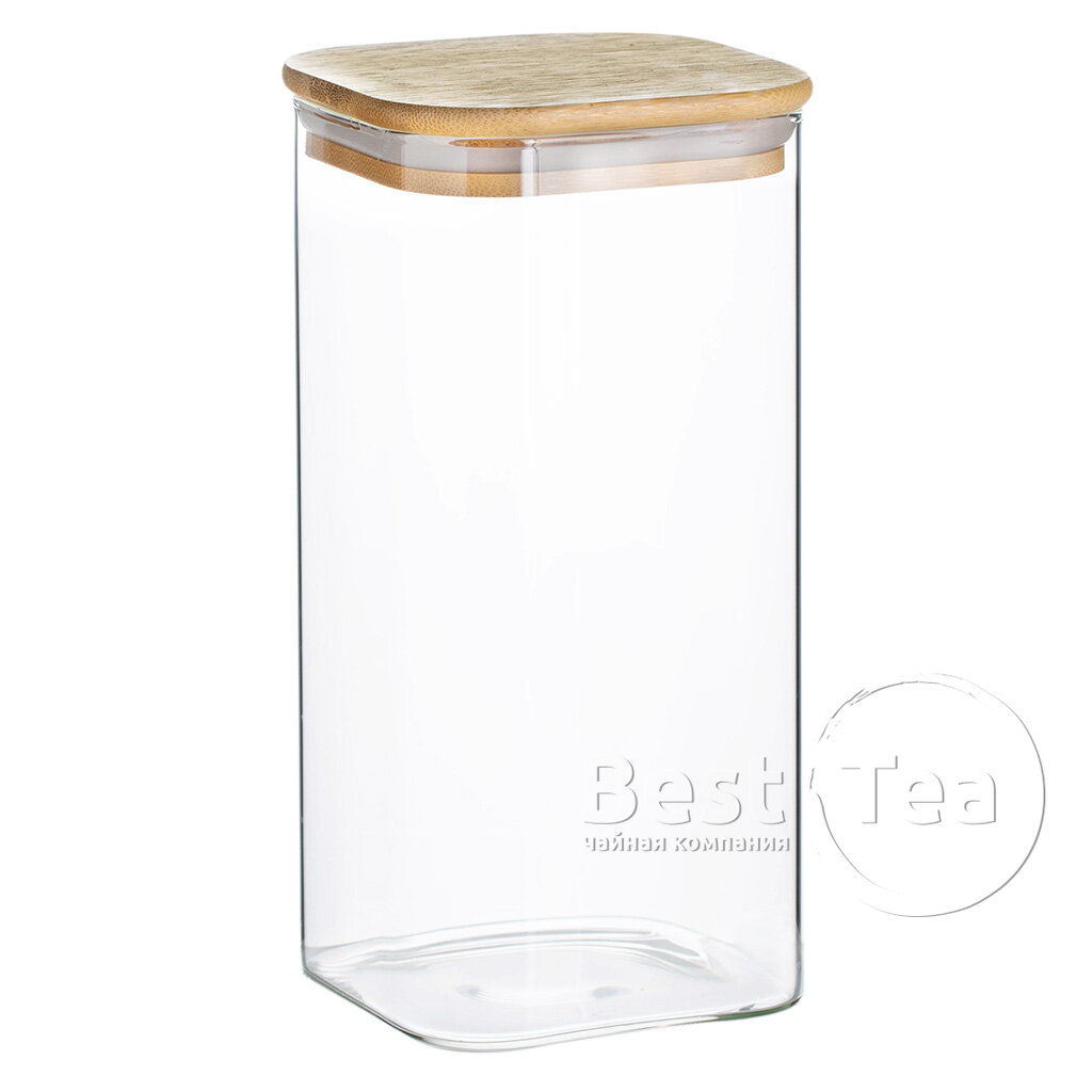 Стеклянная банка квадратная с бамбуковой крышкой 1,5 л, 20х10см