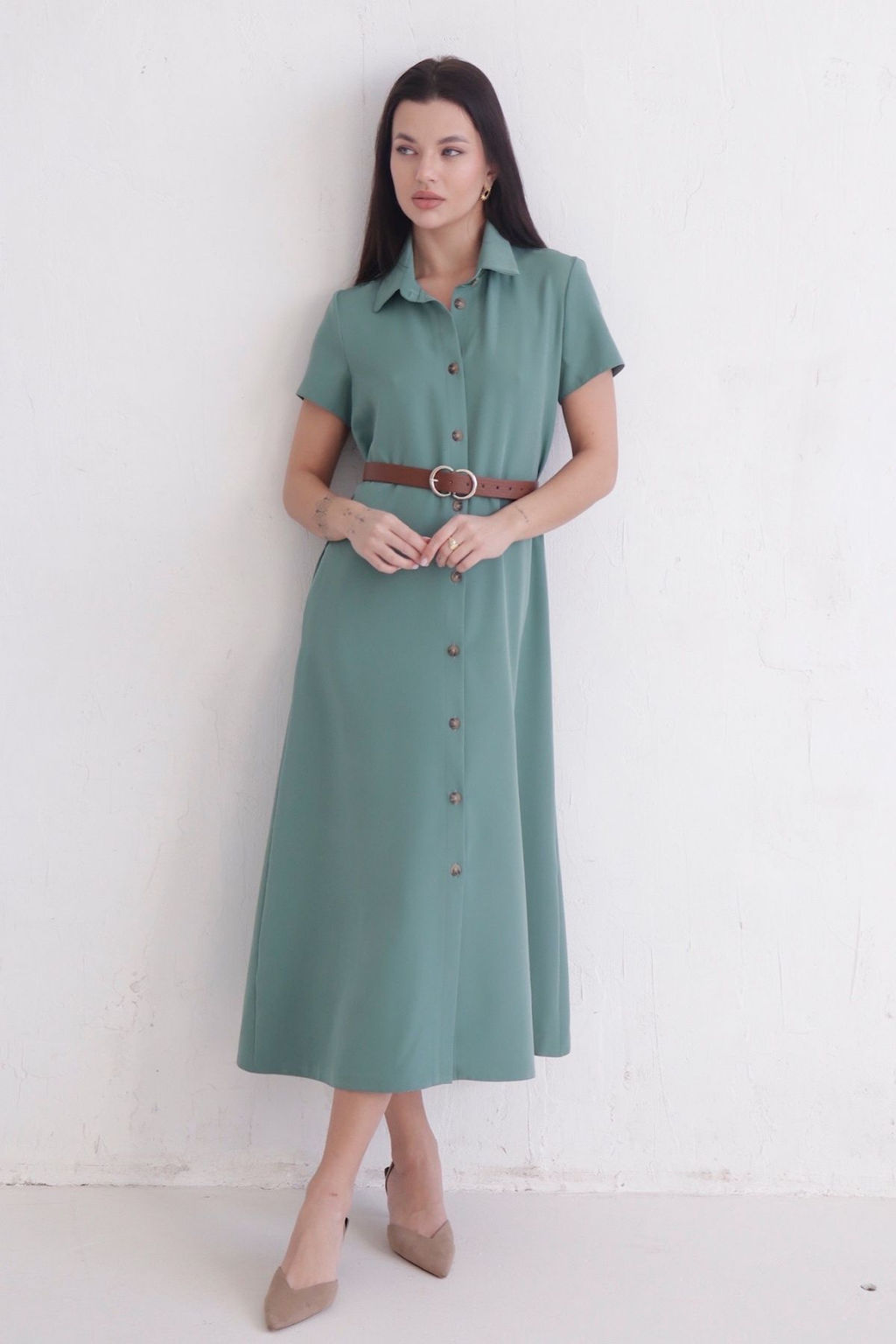 Платье-рубашка удлинённое в пыльном зелёном - Martichelli фото 3