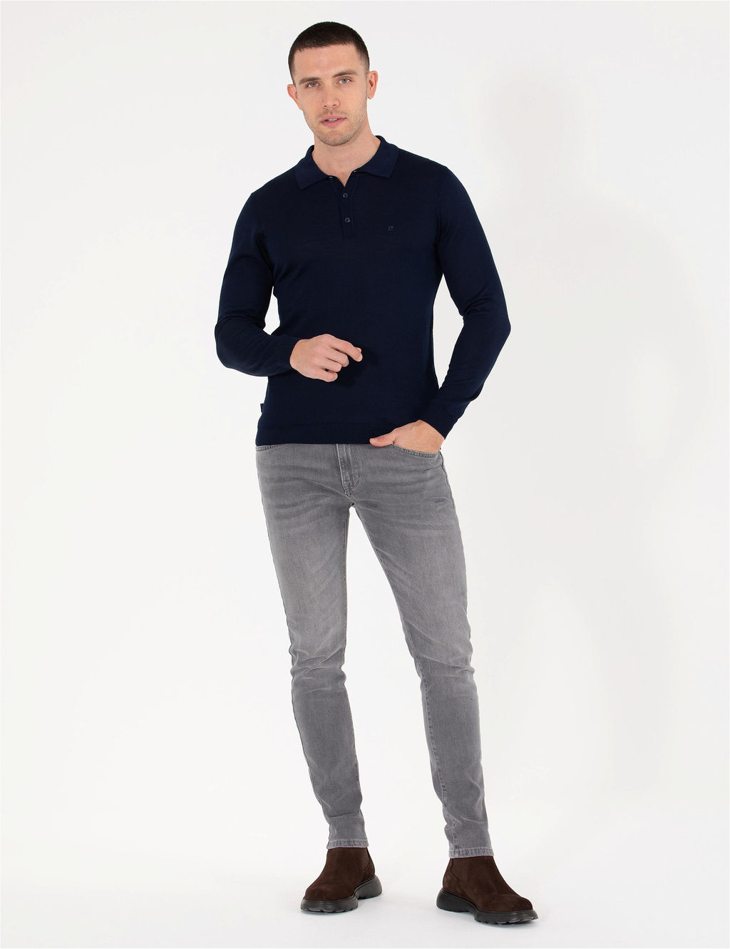 Lacivert Slim Fit Polo Yaka Y_n Kar___ml_ Basic Triko Kazak