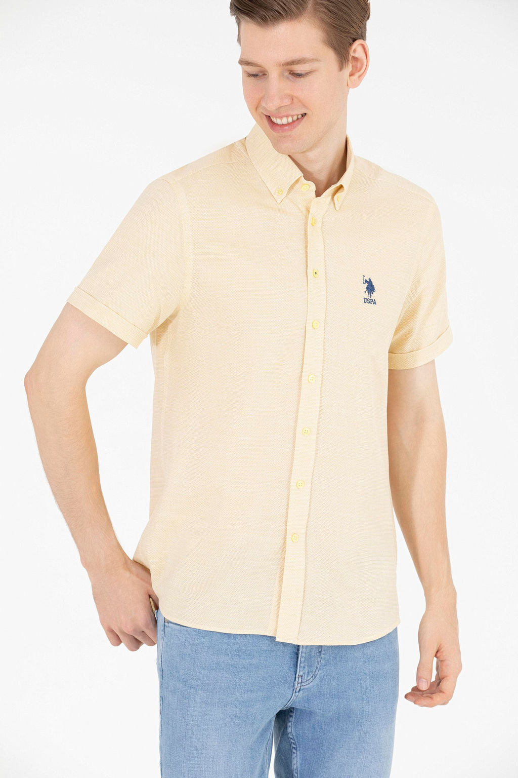 U. S. Polo Assn / Мужская светло-желтая рубашка с коротким рукавом - U.s. polo assn фото 4