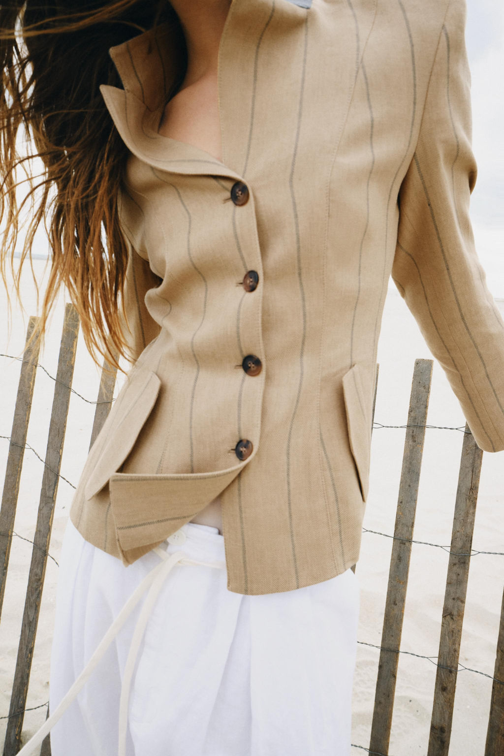 BLAZER RAYAS COMBINADA CON LINO ZW COLLECTION / Camel medio - Zara фото 4