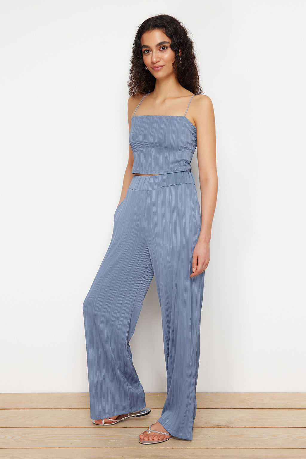 Indigo Dokulu Kumas Premium Wide Leg/Genis Paca Orme Pantolon TWOSS24PL00070 - Trendyolmilla фото 2