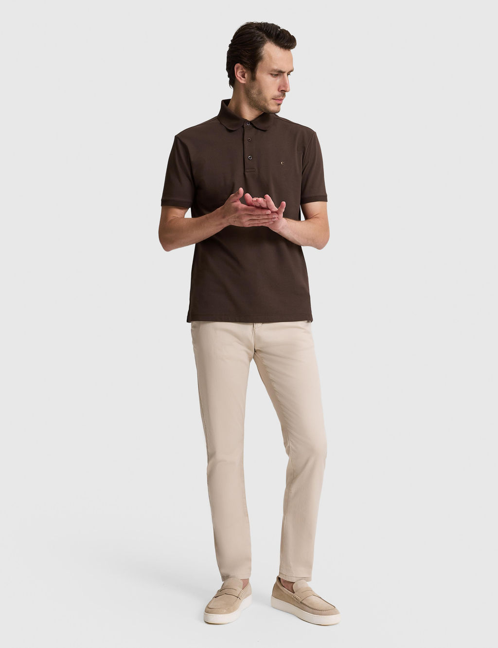 Kahverengi Slim Fit Pamuk Kar___ml_ D__meli Polo Yaka Basic T-shirt