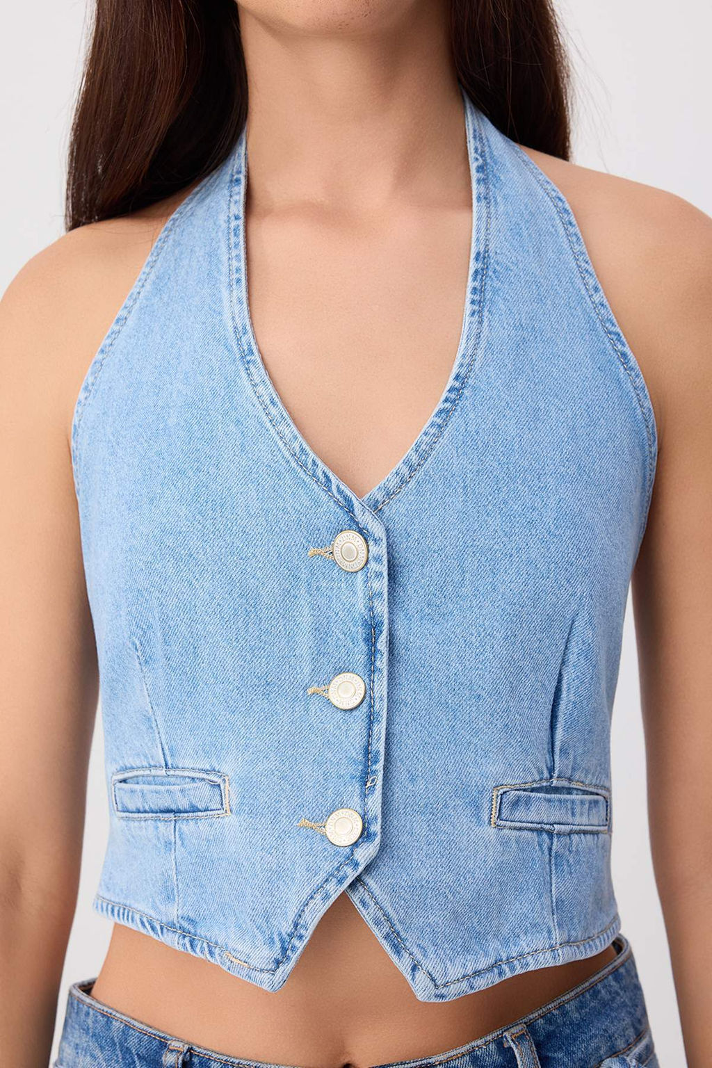 Mavi Halter Yaka Crop Denim Bluz TWOSS26BZ00833 - Trendyolmilla фото 3