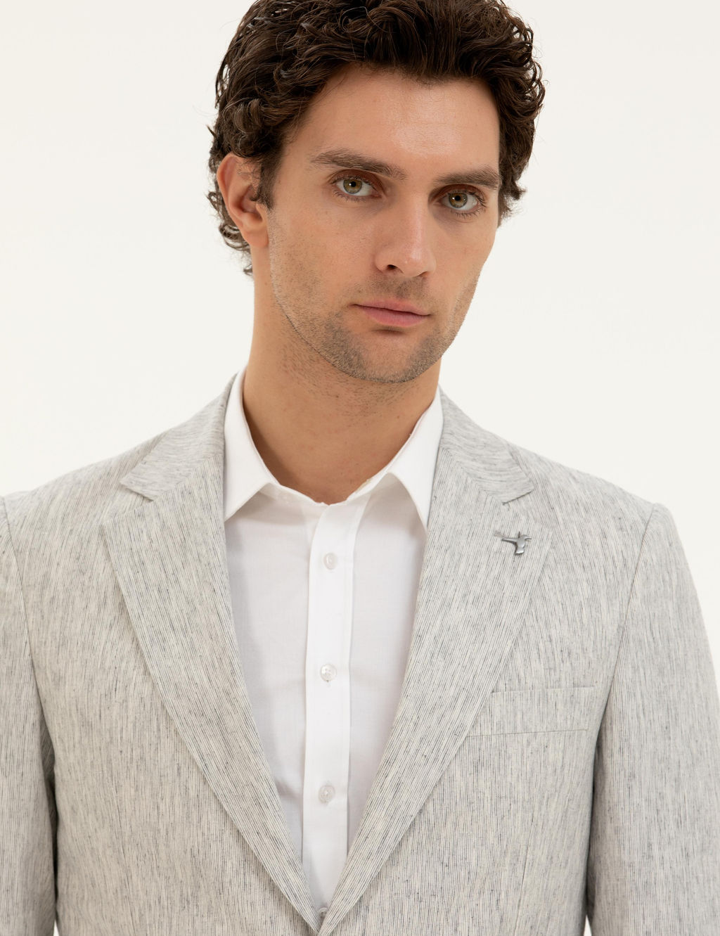 A__k Gri Slim Fit Keten Kar___ml_ Ceket