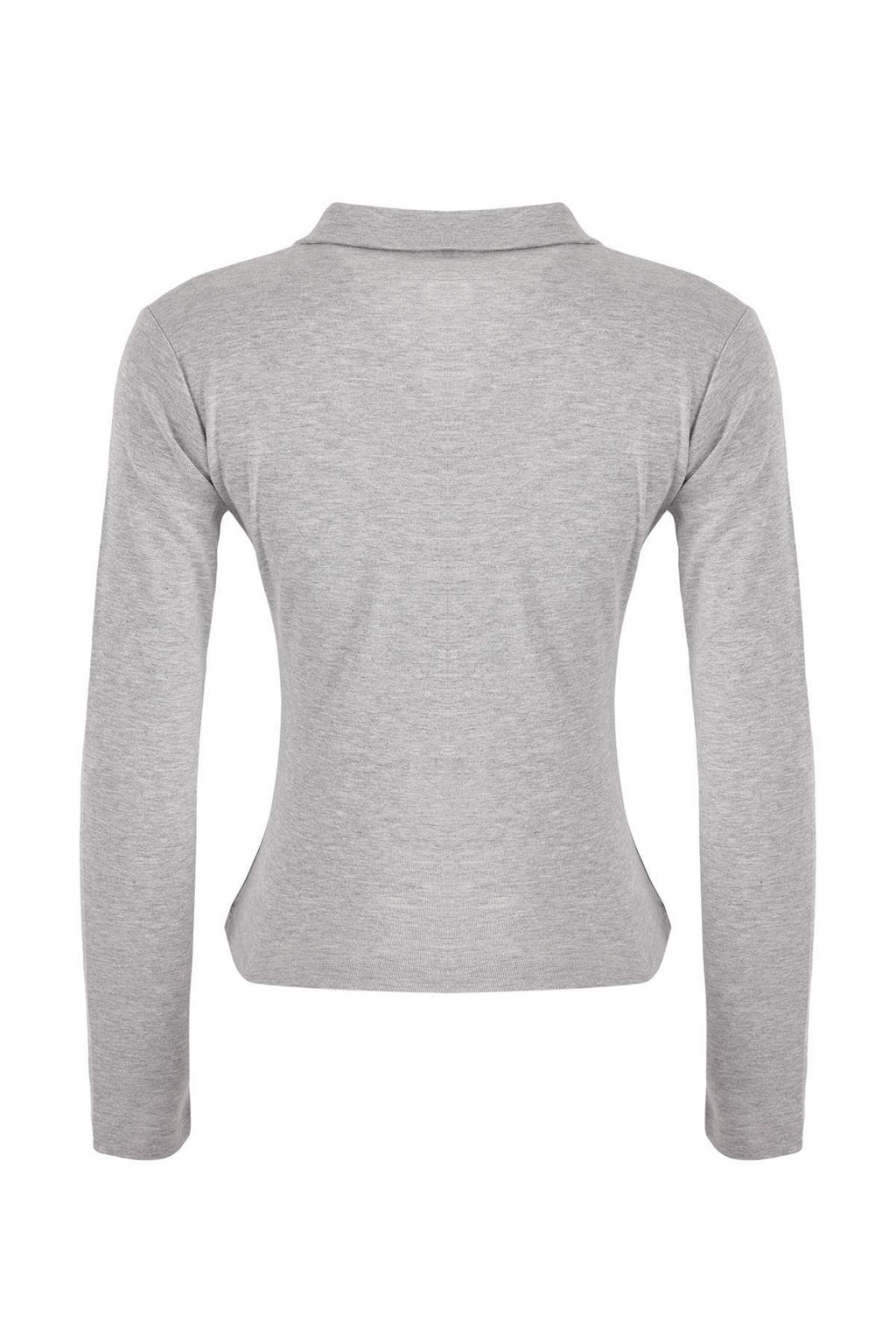 Gri Melanj Fitted/Vucuda Oturan Polo Yaka Dugmeli Pamuk Ribana Orme Bluz TWOSS26BZ00066