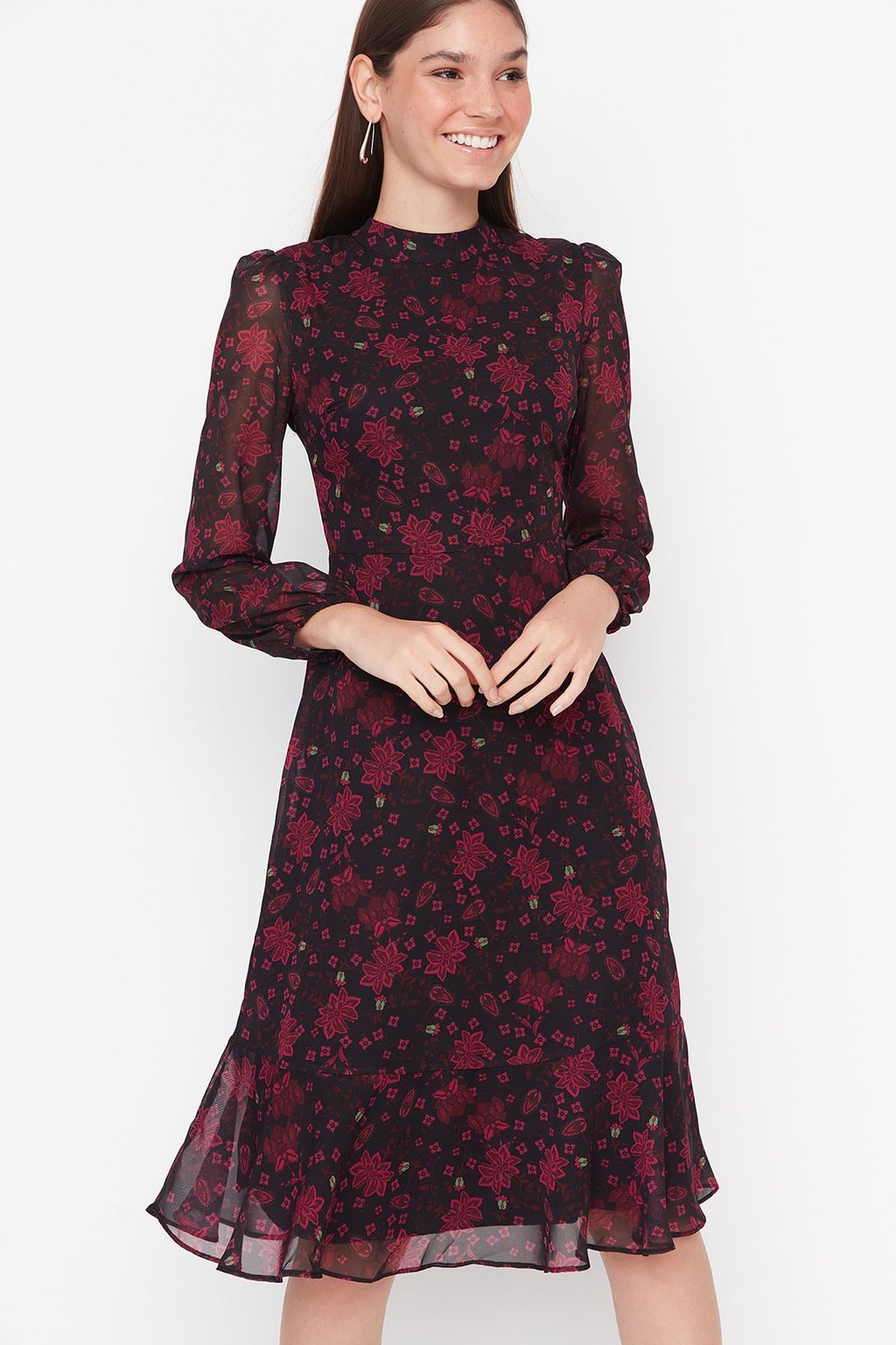 Pembe Cicekli A Kesim Dik Yaka Midi Astarl? Sifon Dokuma K?sl?k Elbise TWOAW20EL1313