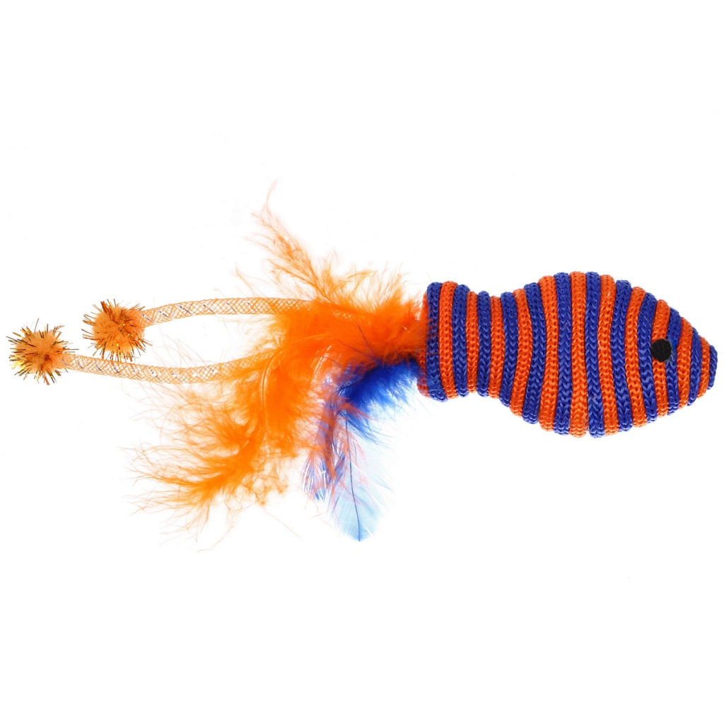 Цена за 6 шт. Игрушка - рыбка для кошек "ИГРУЛИК", с перышками, цвет синий и желтый, 18,5*4,5см