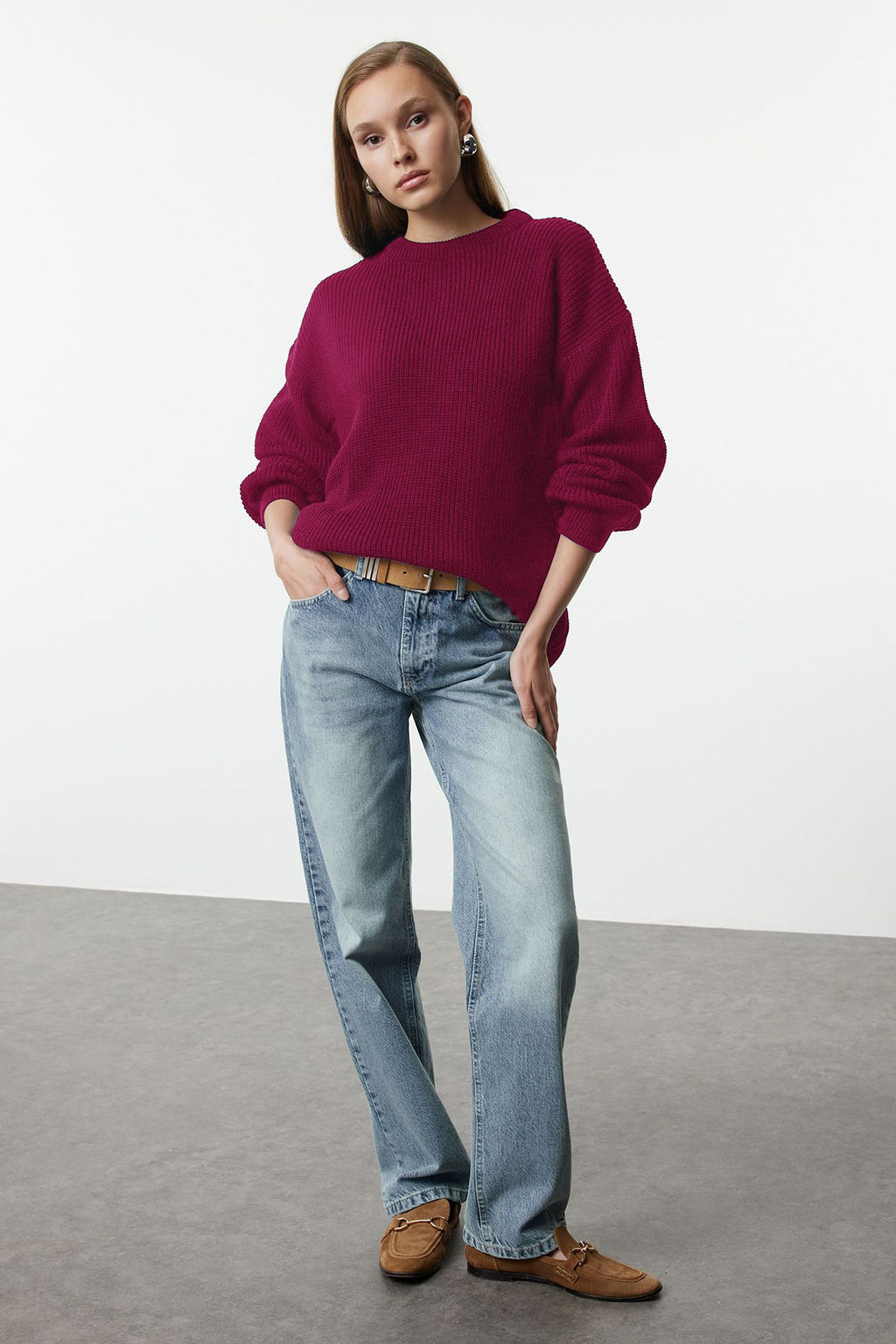 Bordo Genis Kal?p Fitilli Yumusak Dokulu Triko Kazak TWOAW25KZ00342