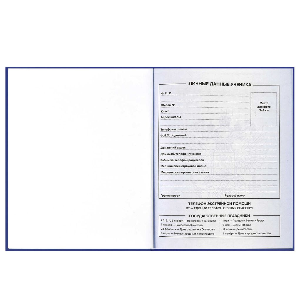 Дневник российского школьника арт. 60147 СИНЯЯ СИМВОЛИКА / интегральный переплёт, А5+, 48 л., конгрев, выборочный УФ-лак, матовая ламинация, полноцветная печать, универсальная шпаргалка/