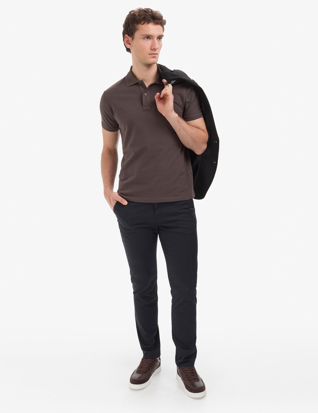 Koyu Kahverengi Slim Fit %100 Pamuk D__meli Polo Yaka Basic Ti__rt