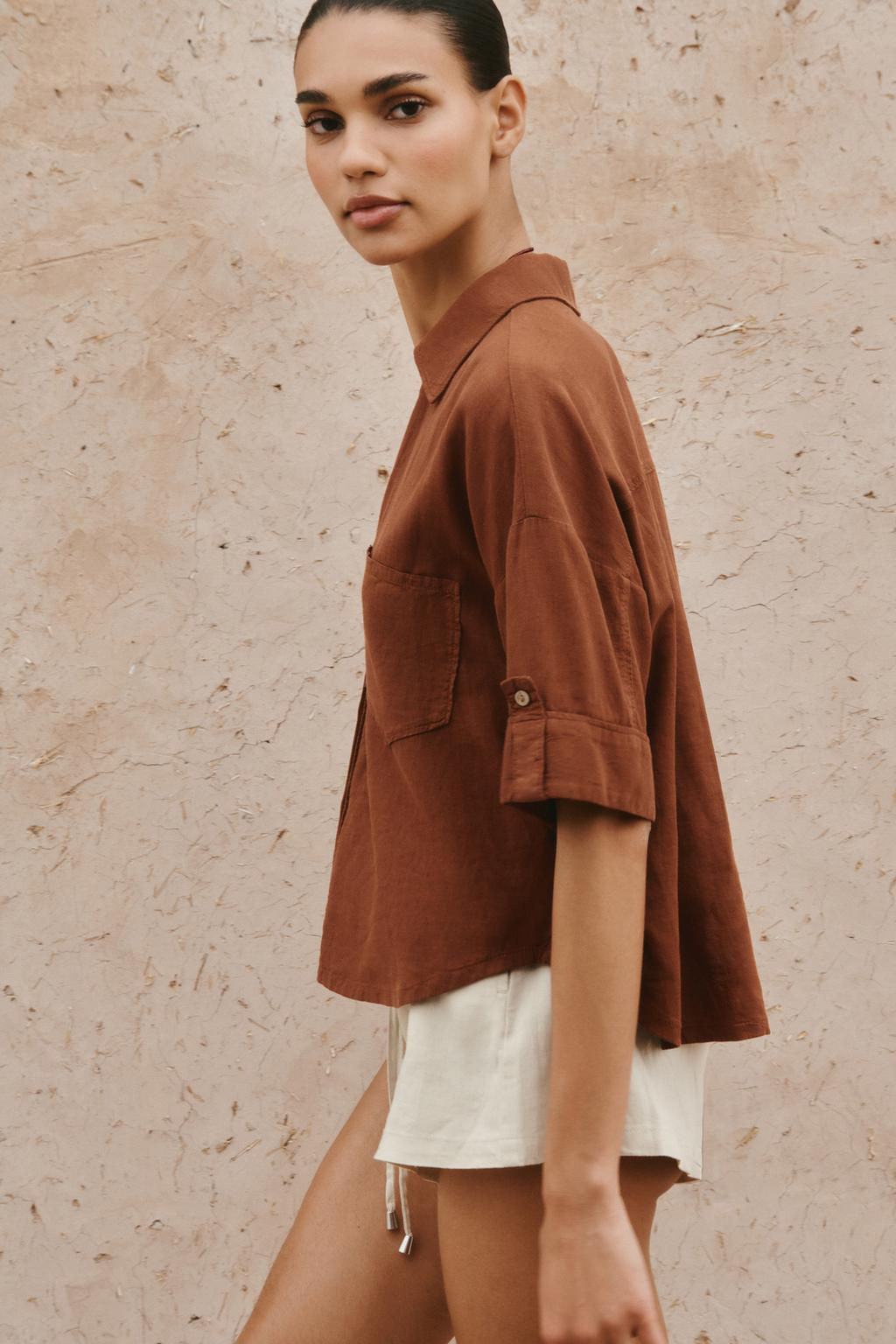 CROPPED LINEN BLEND SHIRT - Zara фото 49