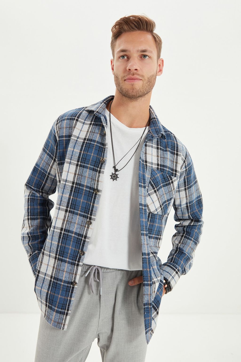 TRENDYOL MAN Mavi Slim Fit K?sl?k Kareli Ekose Oduncu Gomlek TMNAW22GO0090 - Trendyolmilla фото 5