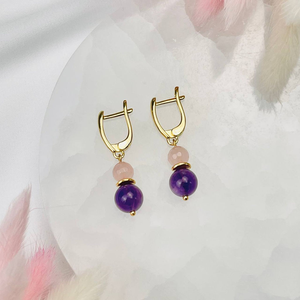 Серьги двойные из Аметиста и Розового кварца - Радуга самоцветов фото 2