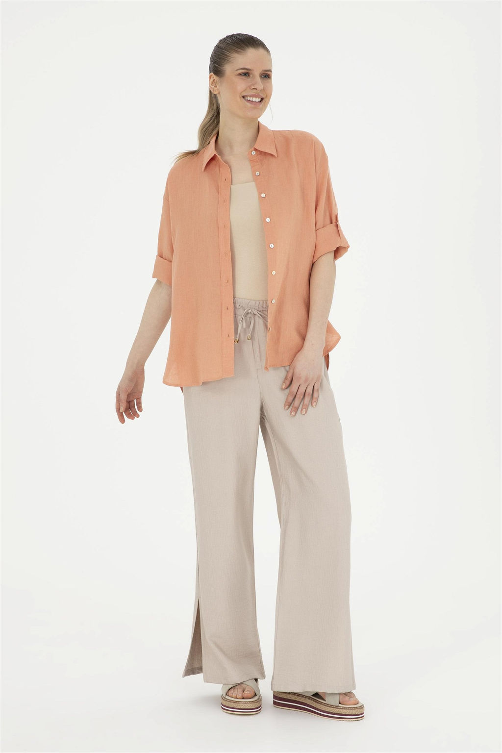 Женская льняная рубашка лососевого цвета с длинным рукавом Неожиданная скидка в корзине - U.s. polo assn фото 4