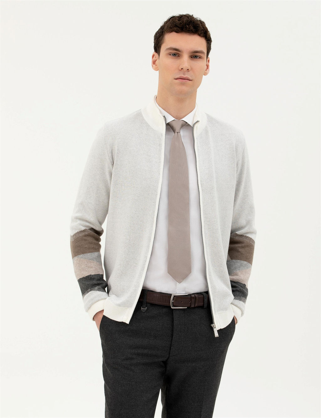 Ekru Slim Fit Fermuarl_ Triko H_rka