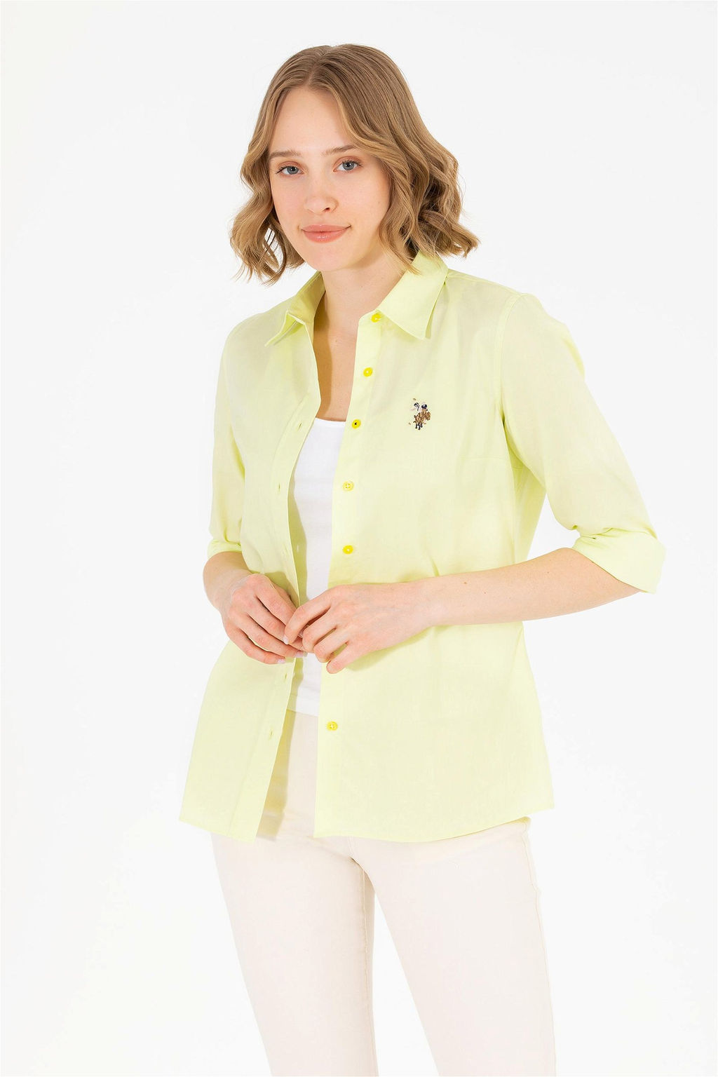 Женская неоново-желтая базовая рубашка с длинным рукавом Неожиданная скидка в корзине
