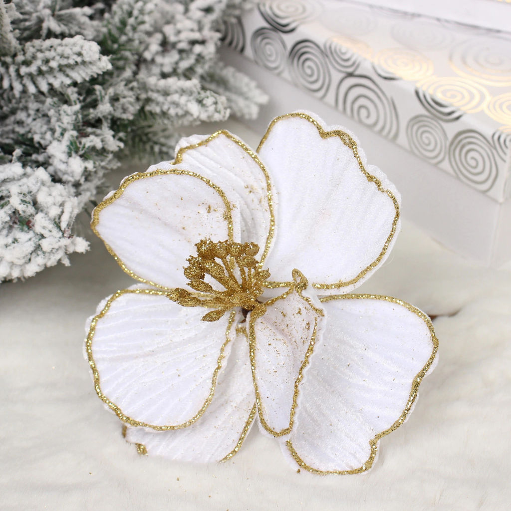 Цена за 2шт. Украшение новогоднее "Пуансеттия - Изящная" 16 см, Белый/Золото
