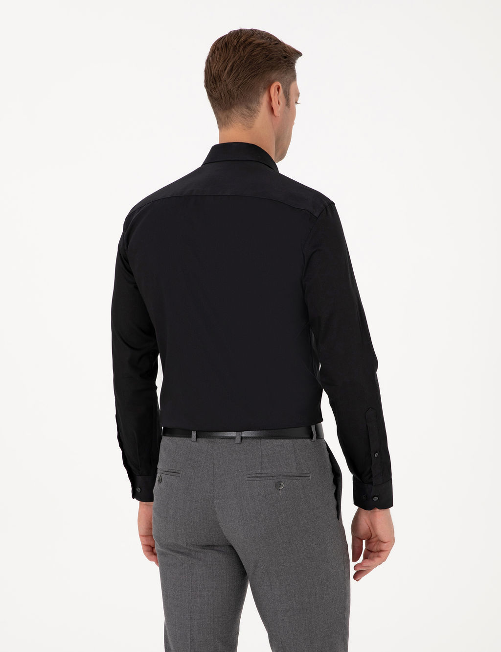 Siyah %100 Pamuk Parlak Saten Slim Fit Uzun Kollu Basic G_mlek
