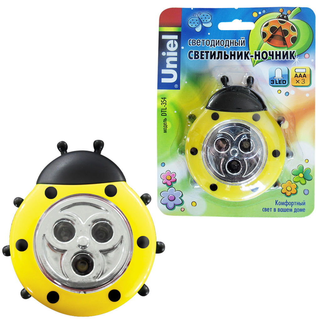 DTL-354 Божья Коровка/Yellow/3LED/3AAA Cветильник-ночник Божья Коровка,питание от 3-х батареек AAA (в комплект не входят). Цвет -желтый. Упаковка - блистер