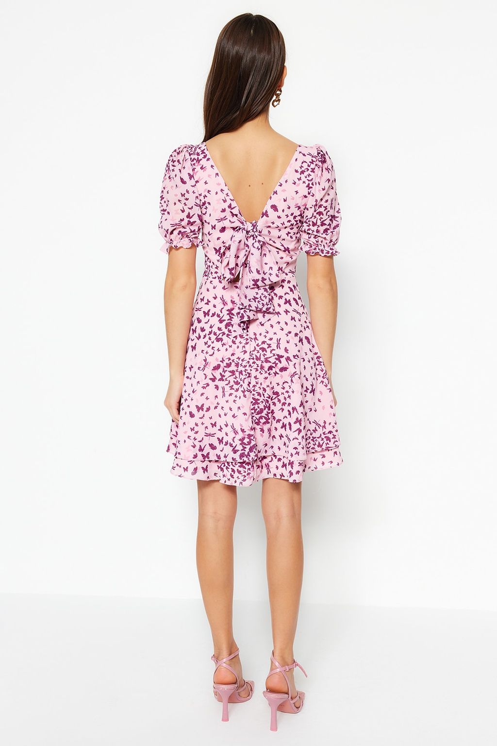 Pembe Desenli Belden Ac?lan Mini Astarl? Sifon Dokuma Elbise TWOSS23EL01171