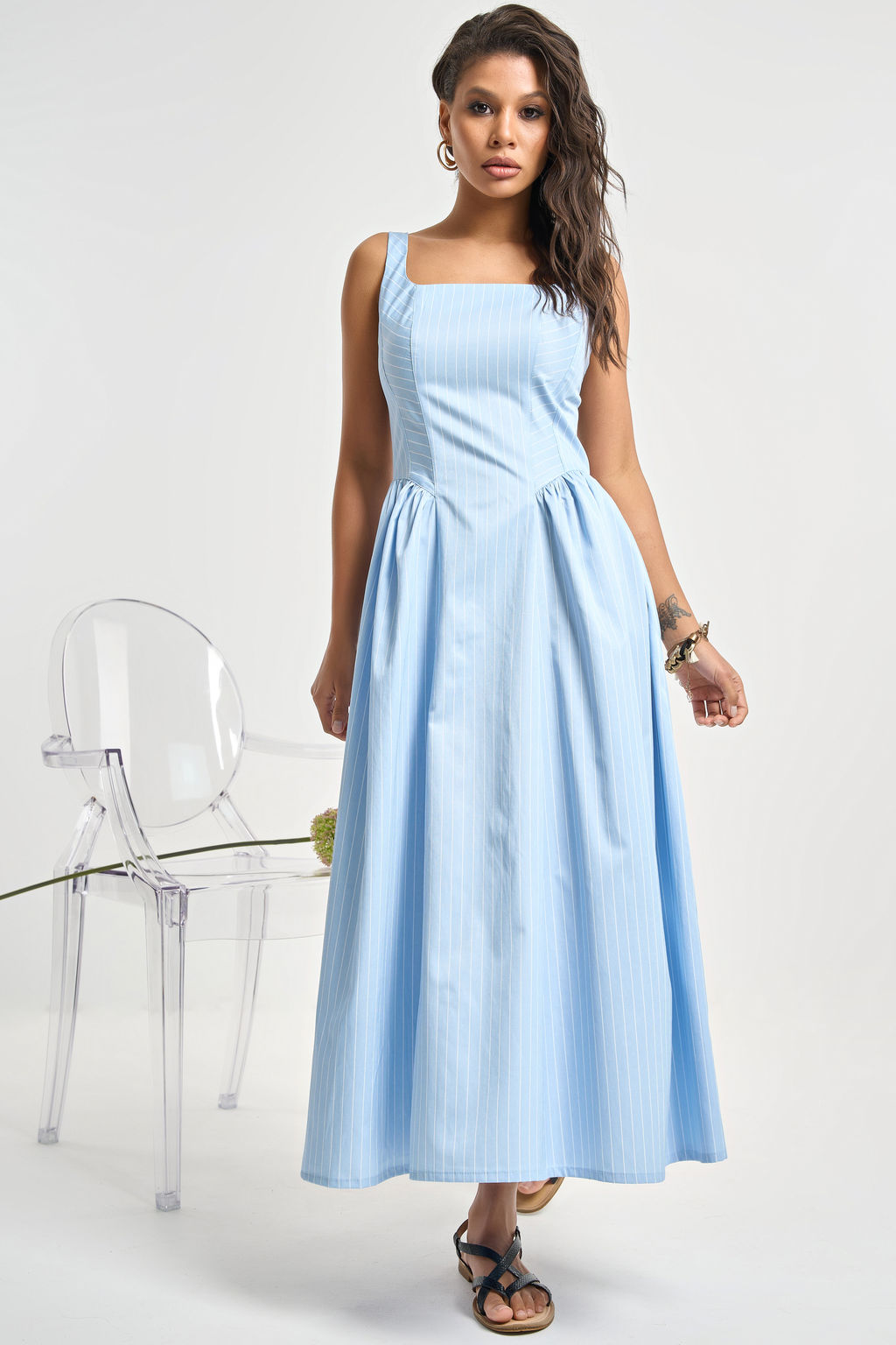 Сарафан хлопковый в полоску голубой - Fly фото 4