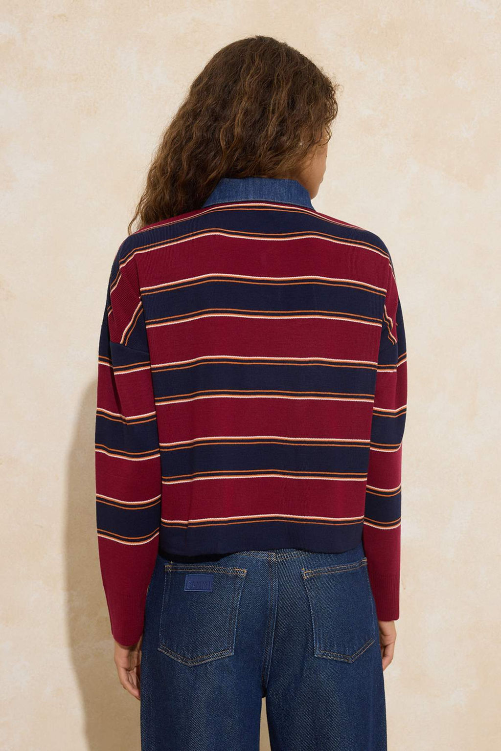 Cok Renkli Cizgili Denim Garnili Polo Yaka Triko Kazak TWOAW26KZ00283