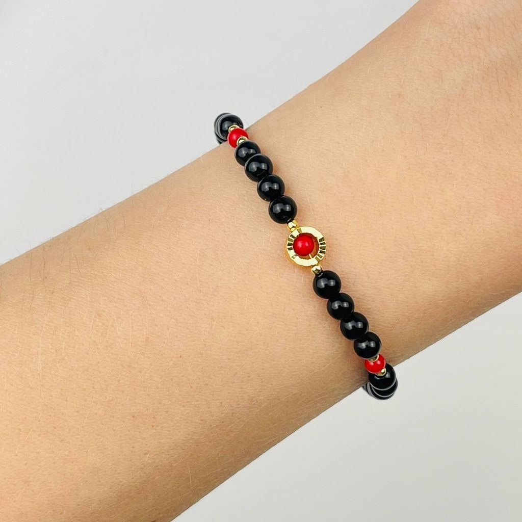 Браслет из черного Агата и Коралла 16,5 см +