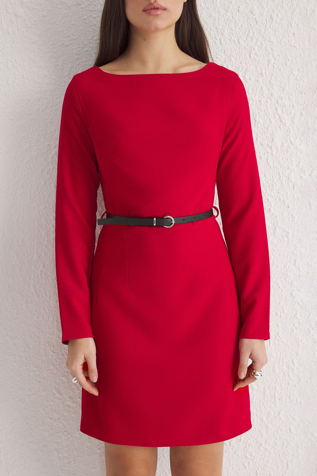 K?rm?z? Kemerli Duz A Kesim Kemerli K?sa / Mini Dokuma Elbise TWOAW25EL00365