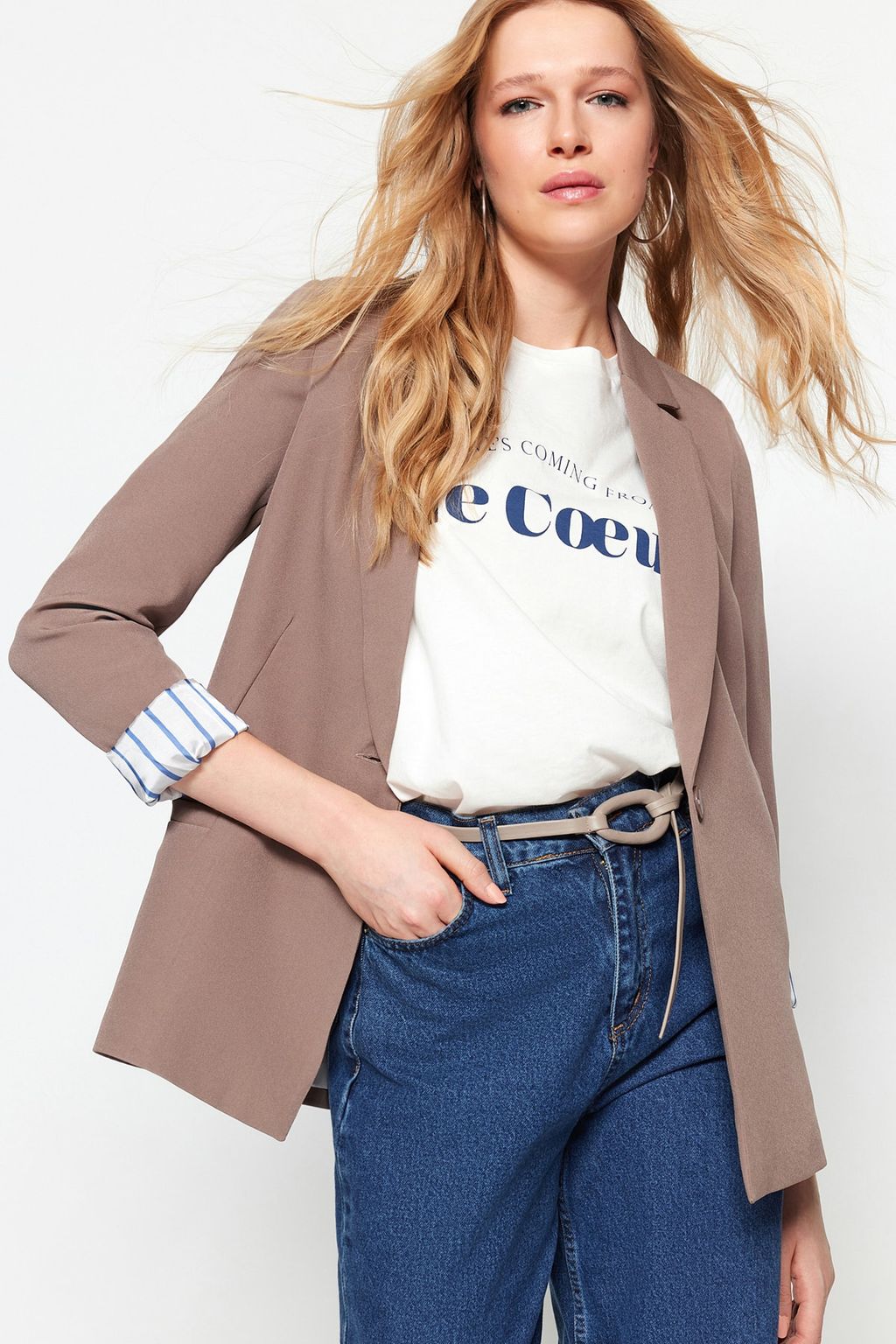 TRENDYOLMILLA Siyah Regular Astar Detayl? Dokuma Blazer Ceket TWOAW20CE0316