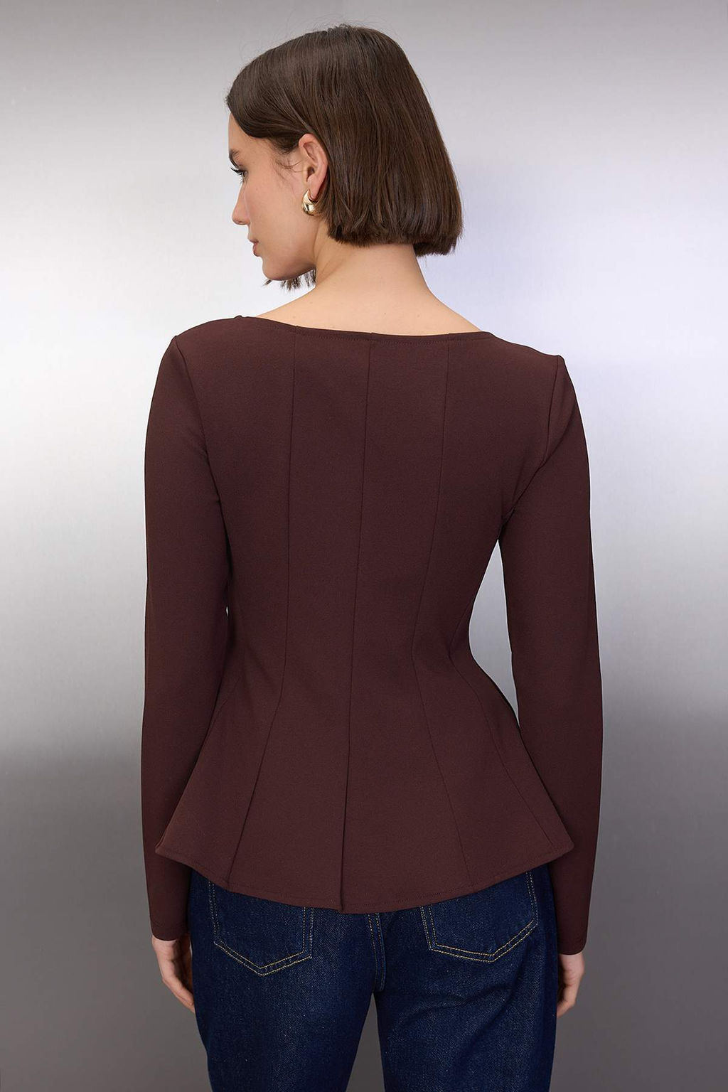 Kahverengi Kay?k Yaka Peplum/Belden Oturmal? Regular Boy Orme Bluz TWOAW26BZ00166