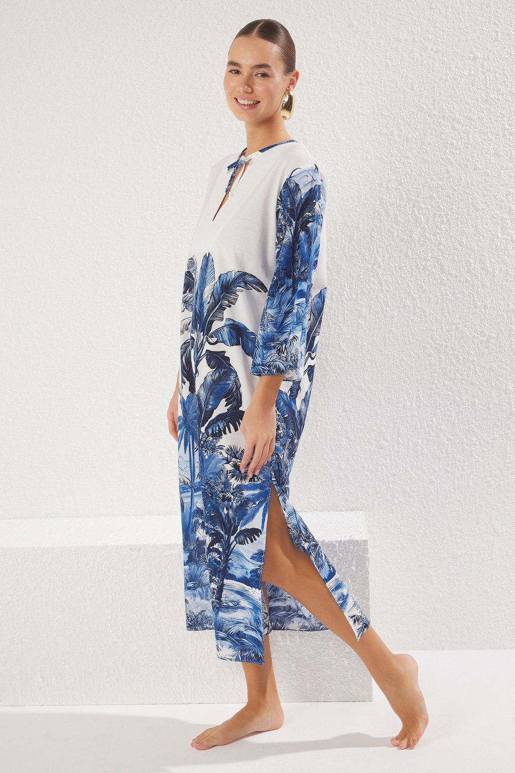 Tropikal Desenli Dokuma %100 Pamuk Maxi Plaj Elbise TBESS25EL00046 - Trendyolmilla фото 2