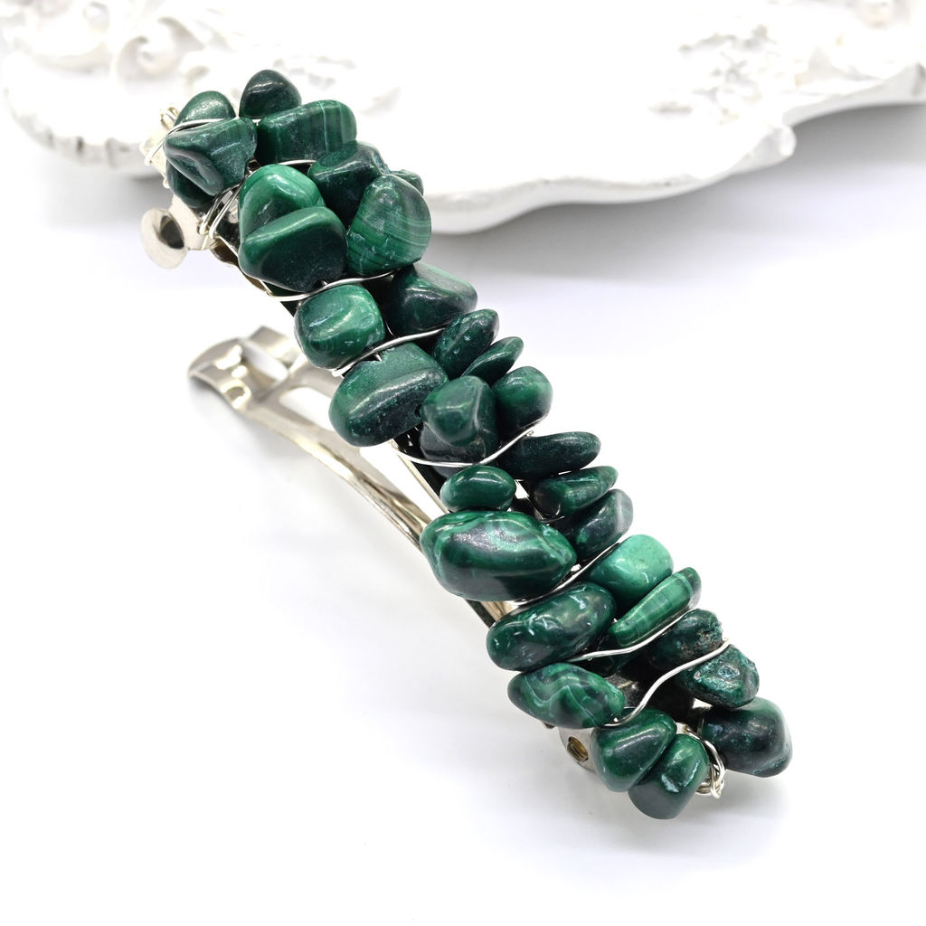 Заколка автомат для волос с малахитом 6*1,5*1,5см