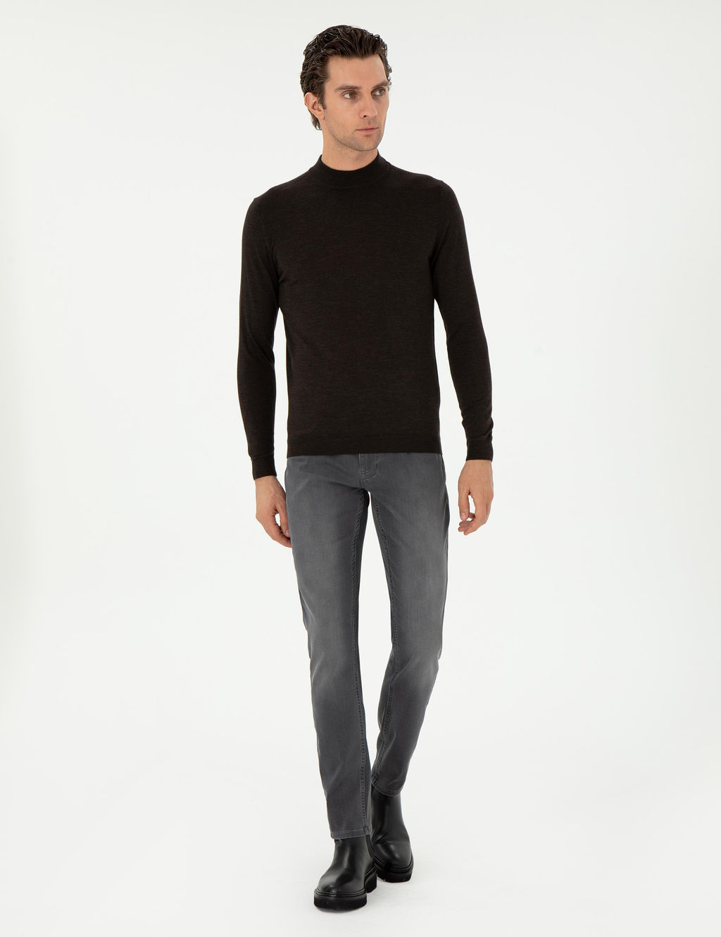 Koyu Ye_il Slim Fit Ka_mir _pek Kar___ml_ _eyrek Bal_k__ Yaka Triko Kazak
