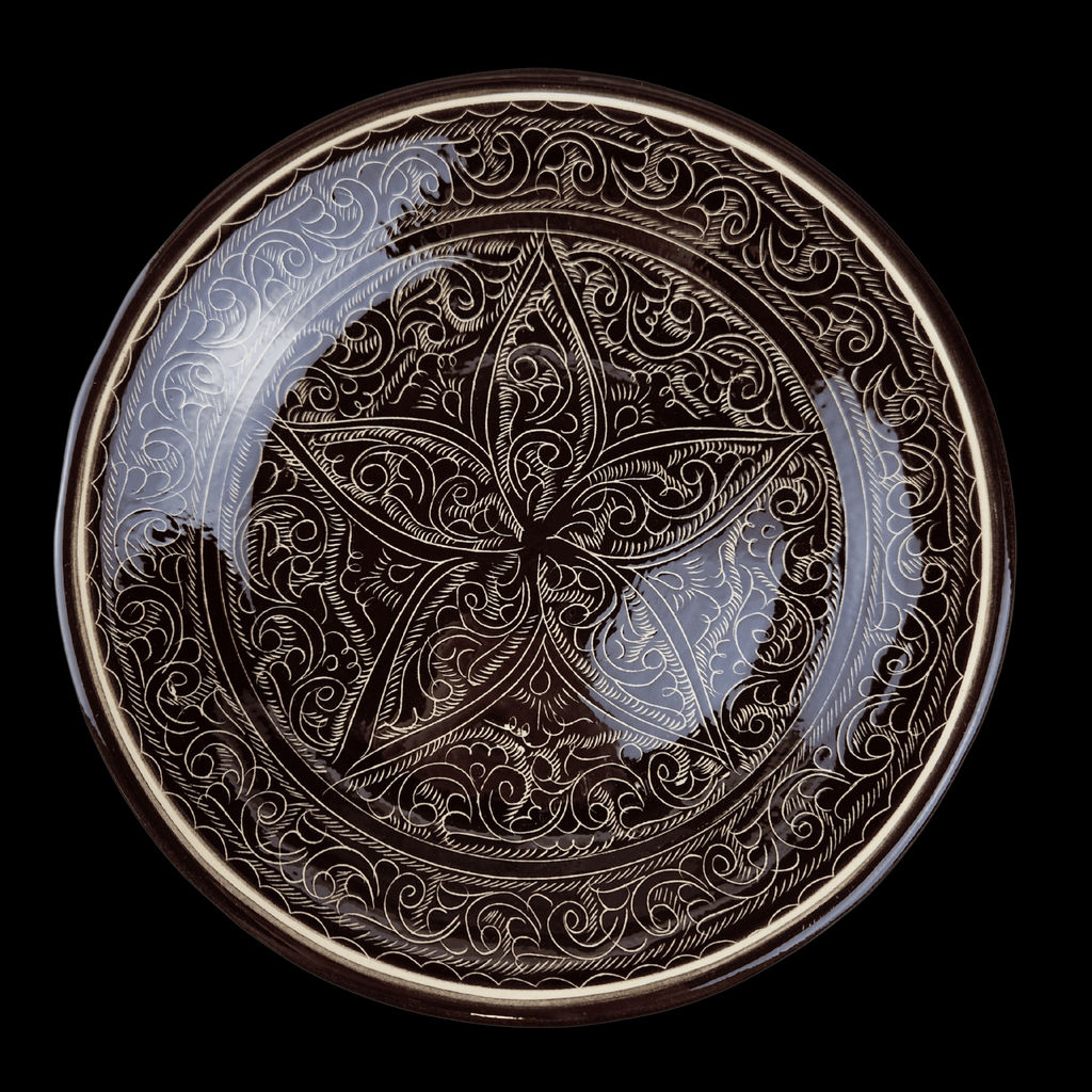 Тарелка 28см, плоская Риштанская керамика коричневая