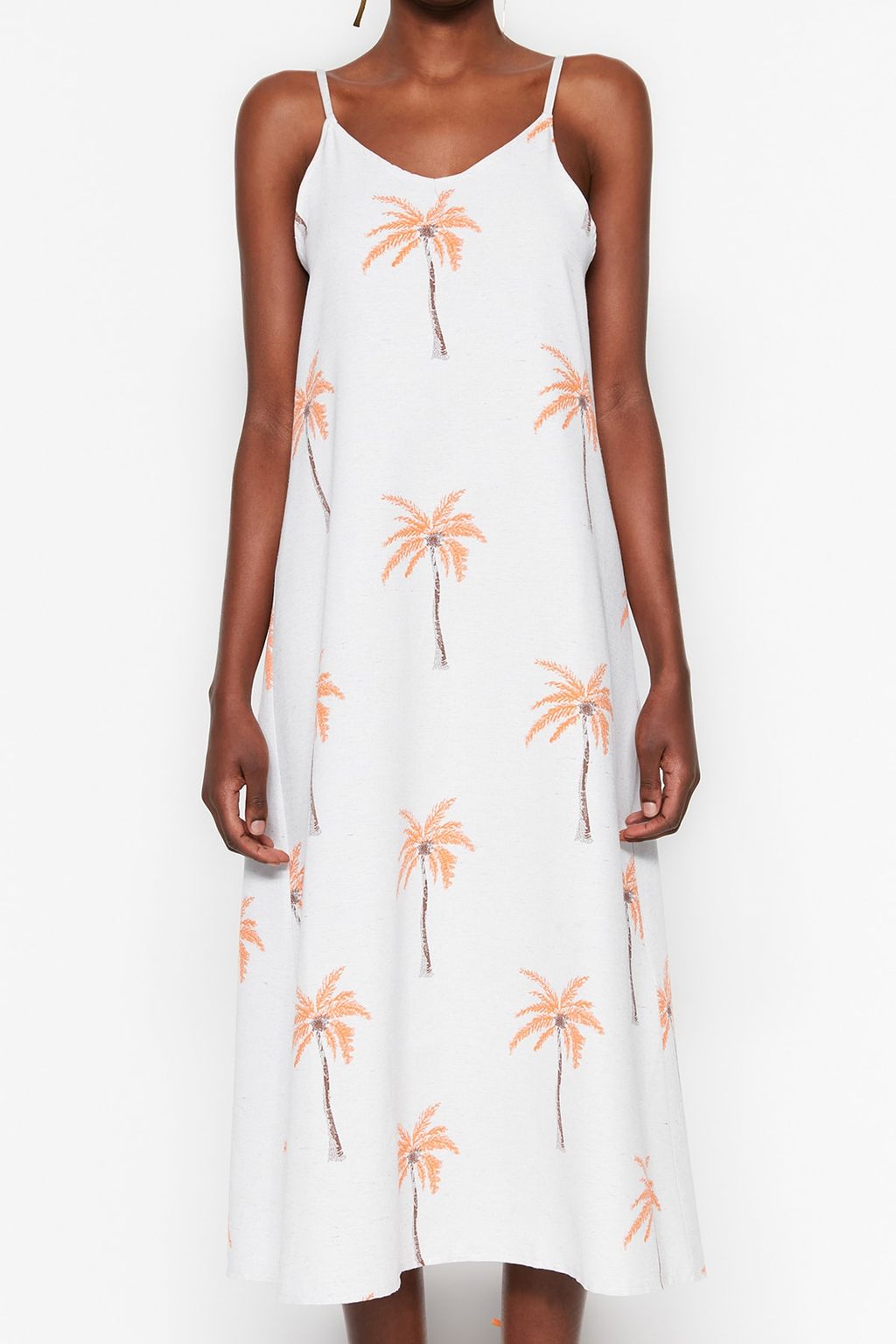 Beyaz Cicekli Duz Kesim Keten Gorunumlu Ask?l? Midi Dokuma Elbise TWOSS23EL00085 - Trendyolmilla фото 3