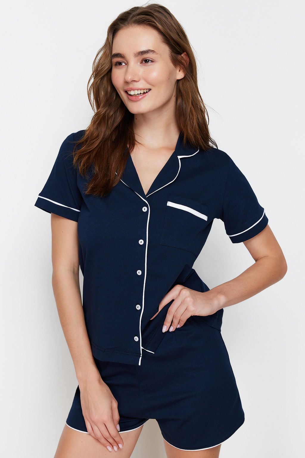 Trendyolmilla Lacivert %100 Pamuklu Biye Detayl? Sortlu Orme Pijama Tak?m? THMSS20PT0406  фото 11