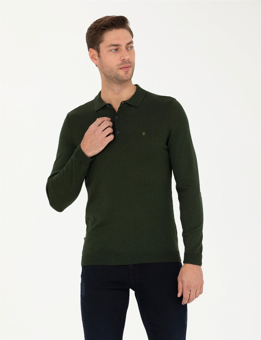 Koyu Ye_il Slim Fit Polo Yaka Basic Triko Kazak