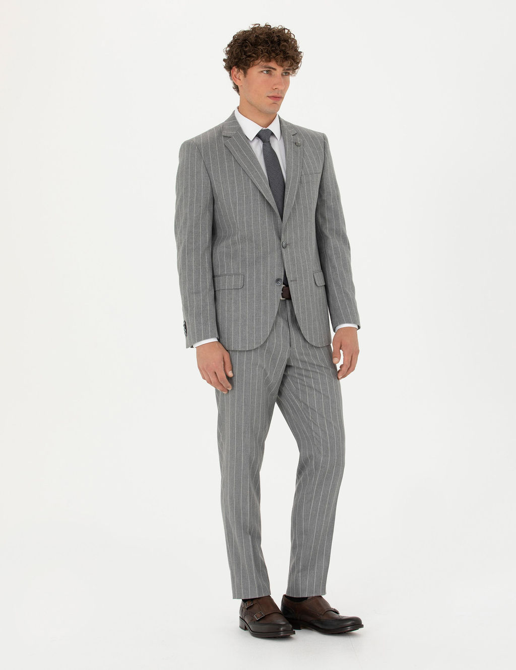 Gri Ex. Slim Fit _izgili Tak_m Elbise