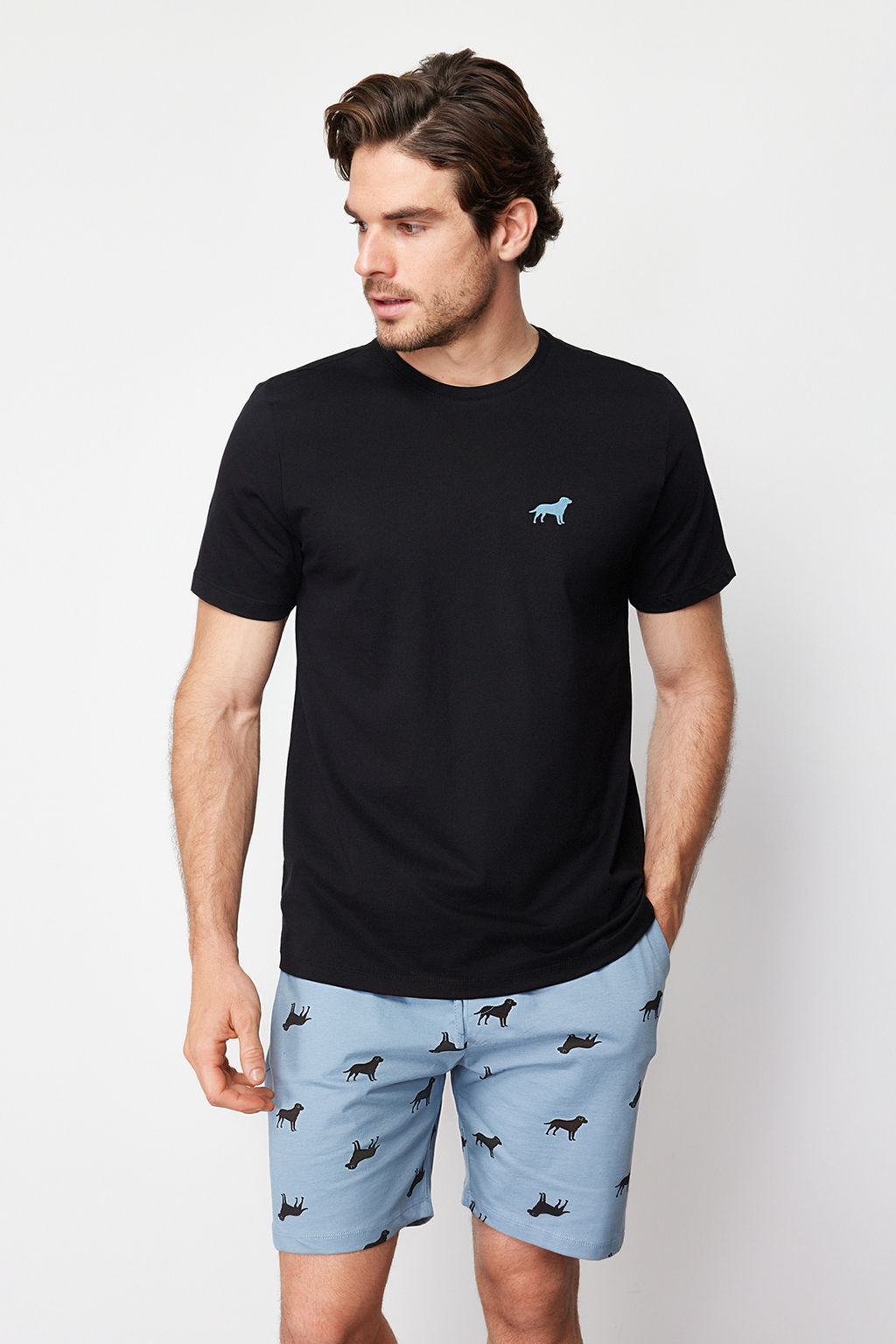 TRENDYOL MAN Mavi Bask?l? Regular Fit Orme Yazl?k Sortlu Pijama Tak?m? TMNSS24PT00023